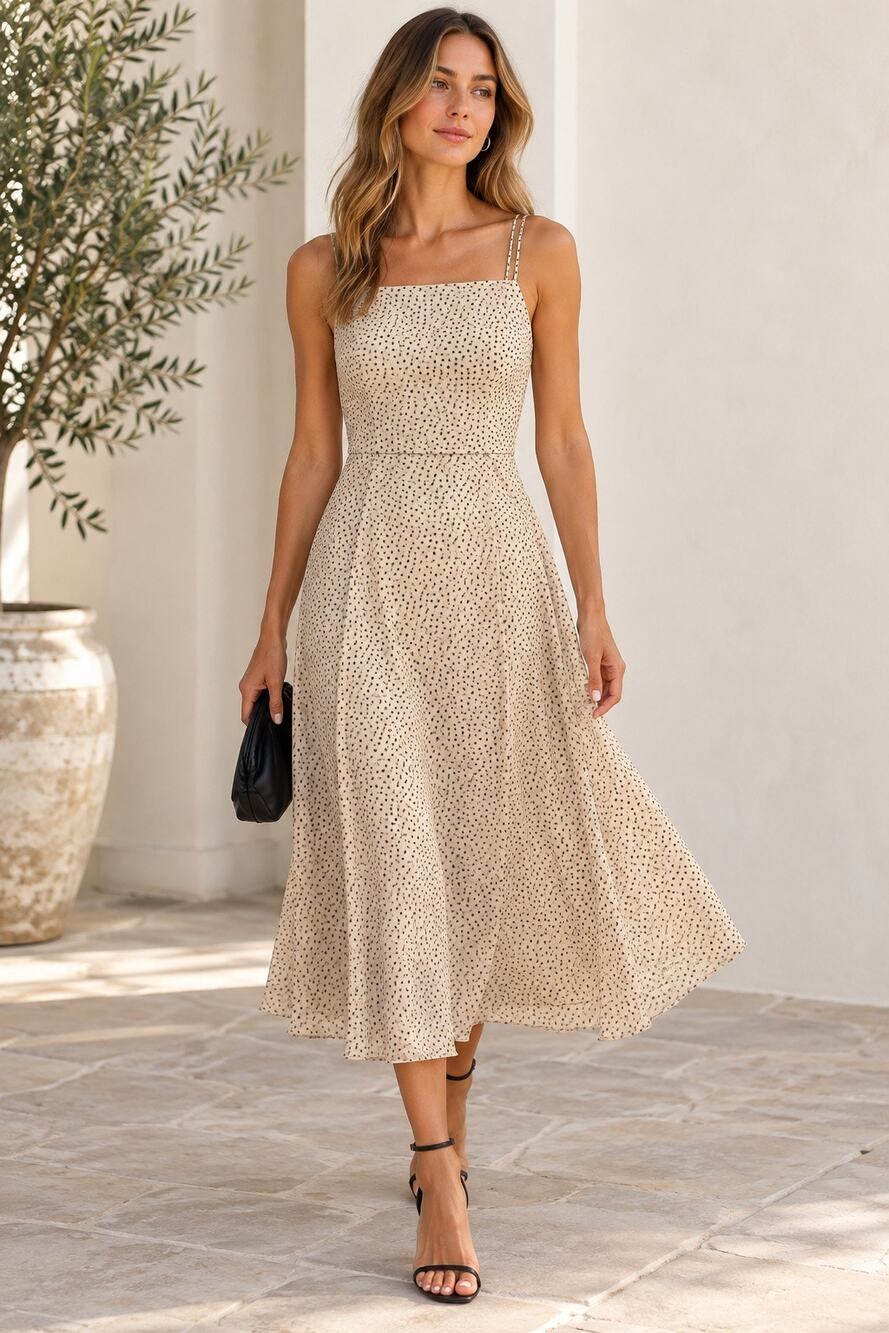 Romantic Quiet Luxury Feminine 100% Silk Polka Dot Strappy Midi Dress Theory 6